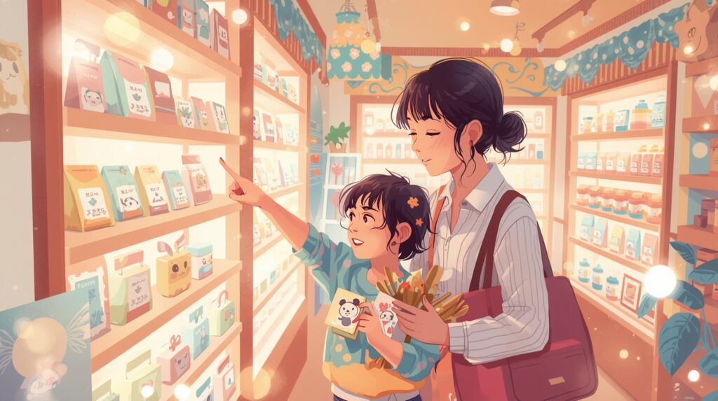 お土産を選んでいる親子