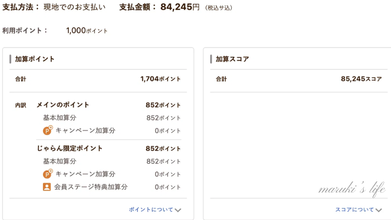 じゃらんの予約完了画面。ヒルトン宿泊でポイントを使っても2%還元された明細