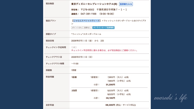 じゃらんの予約明細画面(東京ディズニーセレブレーションホテル)