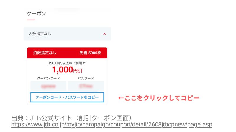 JTBクーポンのコードとパスワードをコピーする手順の画面