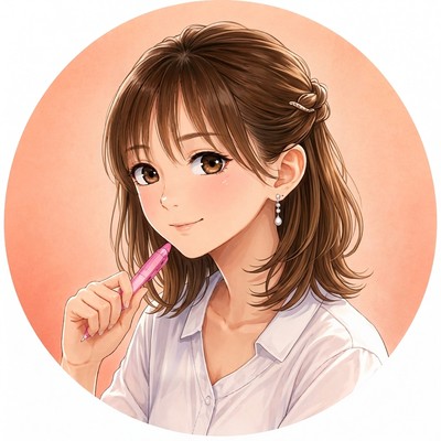 maruki（まるき）のプロフィールイラスト。ペンを口元に当てて微笑んでいる
